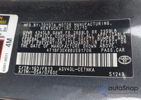 2011 Toyota Camry Le from USA, damaged, VIN 4T1BF3EK8BU591706